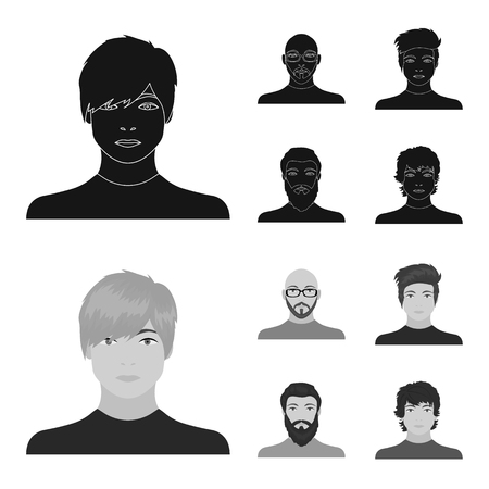 The face of a Bald man with glasses and a beard, a bearded man, the appearance of a guy with a hairdo. Face and appearance set collection icons in black,monochrome style vector symbol stock illustration web.のイラスト素材
