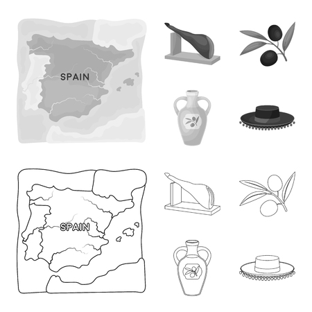 Map of Spain, jamon national dish, olives on a branch, olive oil in a bottle. Spain country set collection icons in outline,monochrome style vector symbol stock illustration web.のイラスト素材