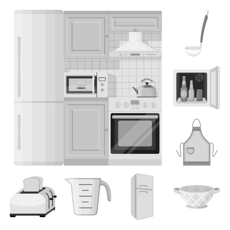 Kitchen equipment monochrome icons in set collection for design. Kitchen and accessories vector symbol stock web illustration.のイラスト素材