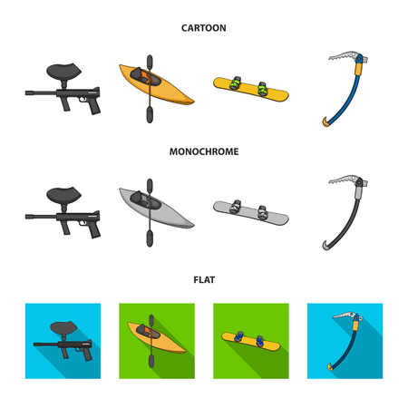 Paintball marker, kayak with a paddle, snowboard and climbing ice ax.Extreme sport set collection icons in cartoon,flat,monochrome style vector symbol stock illustration web.のイラスト素材