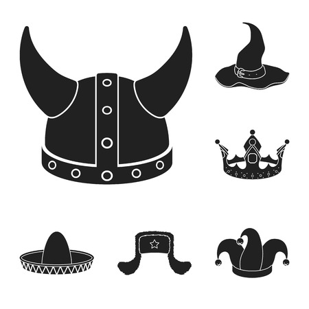 Different kinds of hats black icons in set collection for design.Headdress vector symbol stock web illustration.のイラスト素材