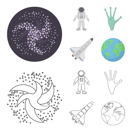The alien hand, the space shuttle ship Space Shuttle, the astronaut in the spacesuit, the black hole with the stars. Space set collection icons in cartoon,outline style vector symbol stock illustration web.のイラスト素材