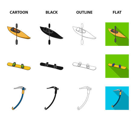 Paintball marker, kayak with a paddle, snowboard and climbing ice ax.Extreme sport set collection icons in cartoon,black,outline,flat style vector symbol stock illustration web.のイラスト素材
