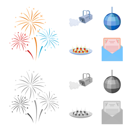 A video camera with smoke, a twirling holiday ball, a plate of sandwiches, an envelope with a greeting card. Event services set collection icons in cartoon,monochrome style vector symbol stock illustration .のイラスト素材