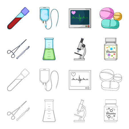 A bank of vitamins, a flask with a solution and other equipment.Medicine set collection icons in cartoon,outline style bitmap symbol stock illustration web.の写真素材