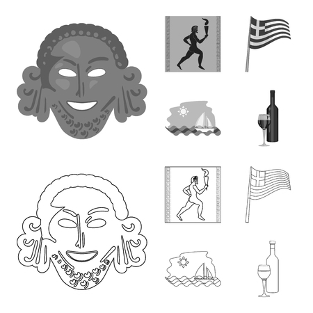Greece, running, wine, flag .Greece set collection icons in outline,monochrome style vector symbol stock illustration web.のイラスト素材