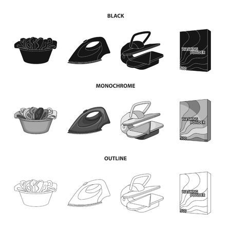 A bowl with laundry, iron, ironing press, washing powder. Dry cleaning set collection icons in black,monochrome,outline style vector symbol stock illustration web.のイラスト素材