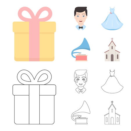 Wedding dress, groom, gramophone, church. Wedding set collection icons in cartoon,outline style vector symbol stock illustration web.のイラスト素材