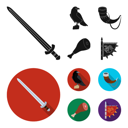 Sitting crow, horn with drink, ham, victory flag. Vikings set collection icons in black,flat style vector symbol stock illustration web.のイラスト素材