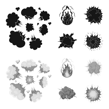 Flame, sparks, hydrogen fragments, atomic or gas explosion, thunderstorm, solar explosion. Explosions set collection icons in black,monochrome style vector symbol stock illustration web.のイラスト素材