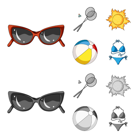 A game of badminton, a ball and the sun.Summer vacation set collection icons in cartoon,monochrome style vector symbol stock illustration web.のイラスト素材