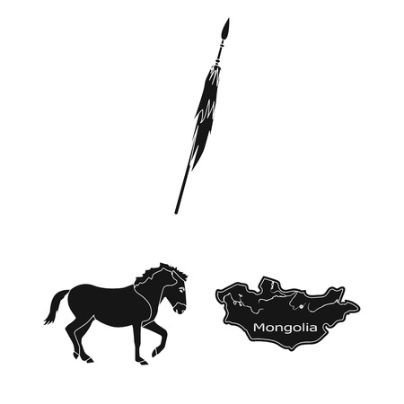 Country Mongolia black icons in set collection for design.Territory and landmark vector symbol stock web illustration.のイラスト素材