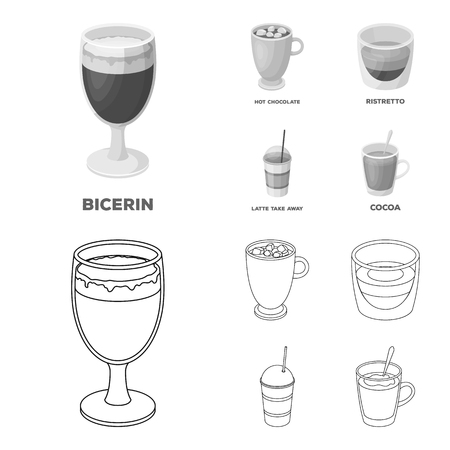 Ristretto, hot chocolate, latte take-away.Different types of coffee set collection icons in outline,monochrome style vector symbol stock illustration web.のイラスト素材