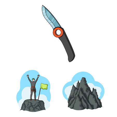 Mountaineering and climbing cartoon icons in set collection for design. Equipment and accessories vector symbol stock  illustration.のイラスト素材