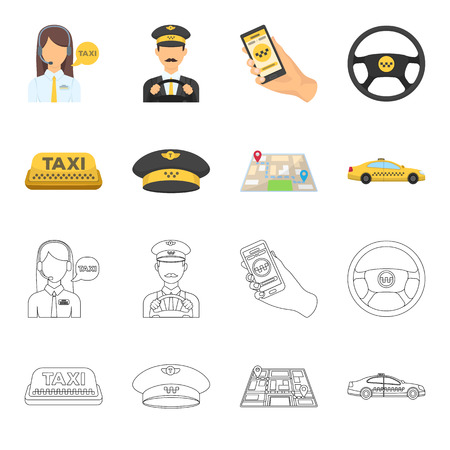 Yellow taxi inscription, a cap with a taxi badge, a map with a mark, a car with checkers. Taxi set collection icons in cartoon,outline style bitmap symbol stock illustration web.の写真素材