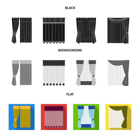 Curtains, drapes, garters, and other web icon in black, flat, monochrome style. Textiles, furniture, bow icons in set collection.のイラスト素材