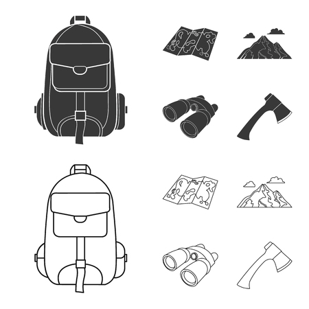 Backpack, mountains, map of the area, binoculars. Camping set collection icons in black,outline style vector symbol stock illustration web.のイラスト素材