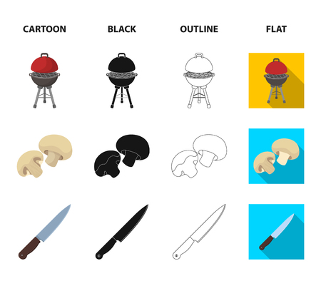 Barbeque grill, champignons, knife, barbecue mitten.BBQ set collection icons in cartoon,black,outline,flat style vector symbol stock illustration .のイラスト素材