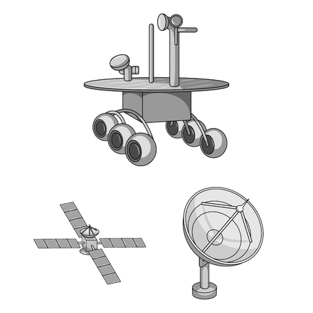Space technology monochrome icons in set collection for design.Spacecraft and equipment vector symbol stock web illustration.のイラスト素材