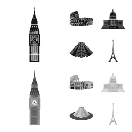 Sights of different countries black,monochrome icons in set collection for design. Famous building vector symbol stock web illustration.のイラスト素材