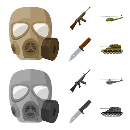 Assault rifle M16, helicopter, tank, combat knife. Military and army set collection icons in cartoon,monochrome style vector symbol stock illustration web.のイラスト素材