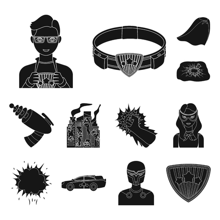 A fantastic superhero black icons in set collection for design. Superhero s equipment vector symbol stock web illustration.のイラスト素材