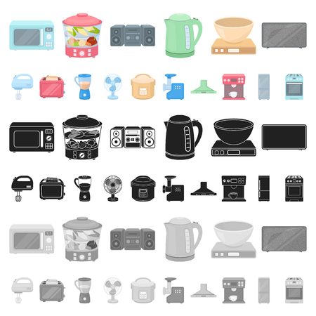 Types of household appliances cartoon icons in set collection for design.Kitchen equipment vector symbol stock  illustration.のイラスト素材