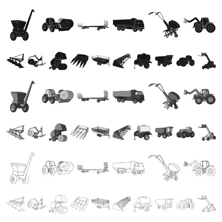 Agricultural machinery cartoon icons in set collection for design. Equipment and device vector symbol stock web illustration.のイラスト素材