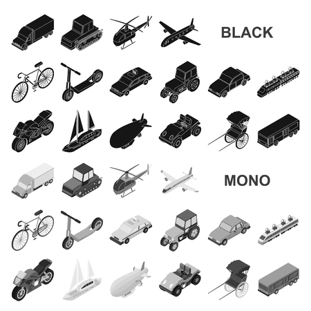 Different types of transport black icons in set collection for design. Car and ship isometric vector symbol stock web illustration.のイラスト素材