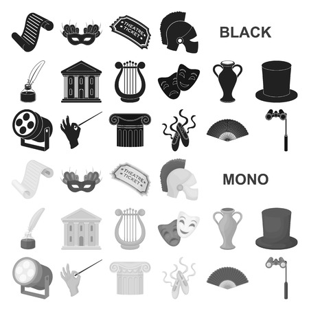 Theatrical art black icons in set collection for design.Theater equipment and accessories vector symbol stock web illustration.のイラスト素材