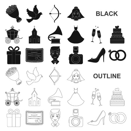 Wedding and Attributes black icons in set collection for design.Newlyweds and Accessories vector symbol stock  illustration.のイラスト素材