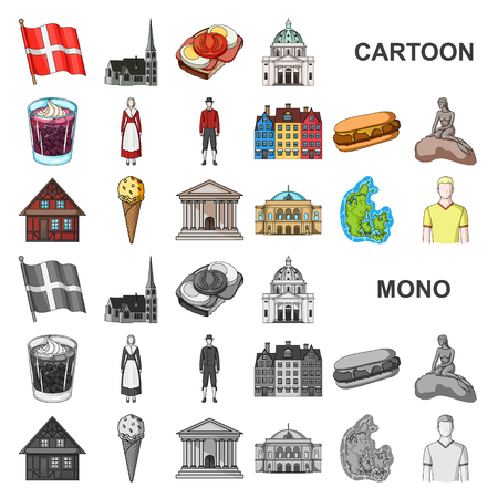 Country Denmark cartoon icons in set collection for design. Travel and attractions Denmark vector symbol stock illustration.のイラスト素材