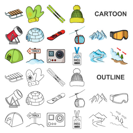 Ski resort and equipment cartoon icons in set collection for design. Entertainment and recreation vector symbol stock web illustration.のイラスト素材