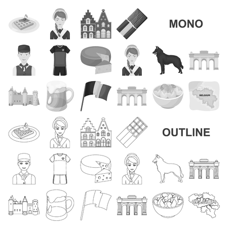 Country Belgium monochrom icons in set collection for design.Travel and attractions Belgium vector symbol stock  illustration.のイラスト素材
