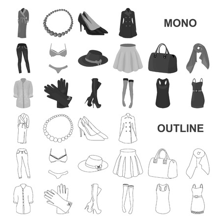 Women Clothing monochrom icons in set collection for design.Clothing Varieties and Accessories vector symbol stock web illustration.のイラスト素材