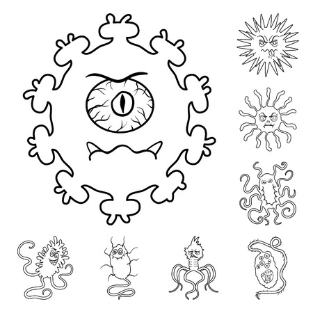 Types of funny microbes outline icons in set collection for design. Microbes pathogenic bitmap symbol stock  illustration.の写真素材