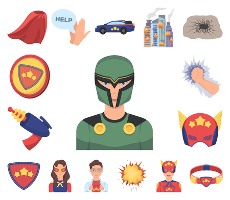A fantastic superhero cartoon icons in set collection for design. Superheros equipment vector symbol stock web illustration.のイラスト素材
