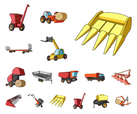 Agricultural machinery cartoon icons in set collection for design. Equipment and device vector symbol stock web illustration.のイラスト素材