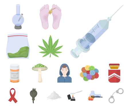 Drug addiction and attributes cartoon icons in set collection for design. Addict and Drug vector symbol stock web illustration.のイラスト素材