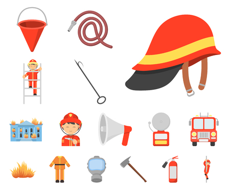 Fire Department cartoon icons in set collection for design. Firefighters and equipment vector symbol stock web illustration.のイラスト素材