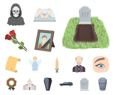 Funeral ceremony cartoon icons in set collection for design. Funerals and Attributes vector symbol stock web illustration.のイラスト素材
