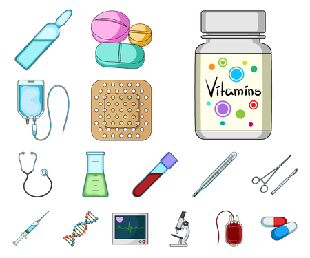 Medicine and treatment cartoon icons in set collection for design. Medicine and equipment vector symbol stock web illustration.のイラスト素材