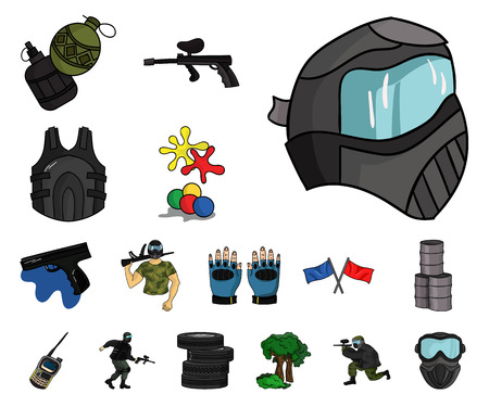 Paintball, team game cartoon icons in set collection for design. Equipment and outfit vector symbol stock web illustration.のイラスト素材