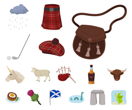 Country Scotland cartoon icons in set collection for design. Sightseeing, culture and tradition vector symbol stock web illustration.のイラスト素材