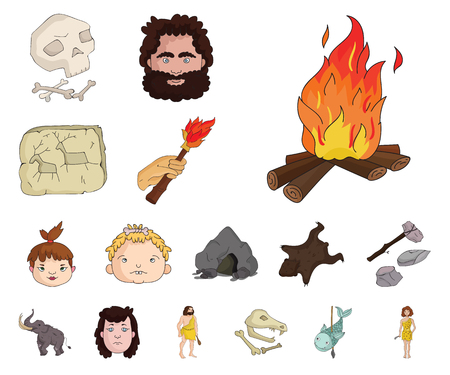 Life in the Stone Age cartoon icons in set collection for design. Ancient people vector symbol stock web illustration.のイラスト素材