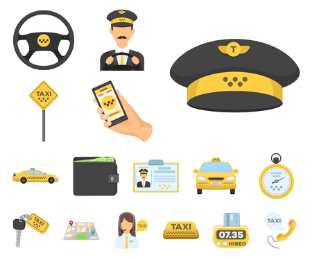 Taxi service cartoon icons in set collection for design. Taxi driver and transport vector symbol stock web illustration.のイラスト素材