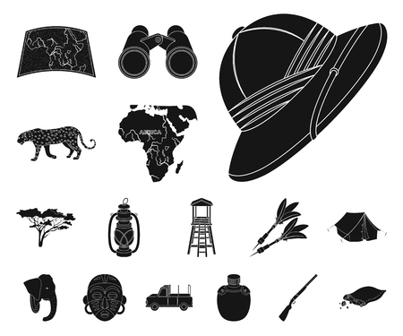 African Safari black icons in set collection for design. Trophies and equipment for Safari vector symbol stock web illustration.のイラスト素材