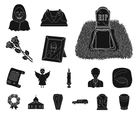 Funeral ceremony black icons in set collection for design. Funerals and Attributes vector symbol stock web illustration.のイラスト素材