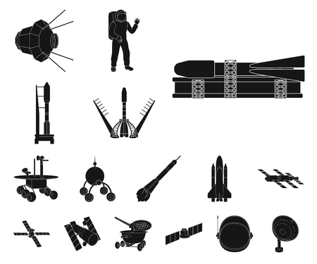 Space technology black icons in set collection for design.Spacecraft and equipment vector symbol stock web illustration.のイラスト素材