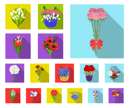 A bouquet of fresh flowers flat icons in set collection for design. Various bouquets vector symbol stock web illustration.のイラスト素材